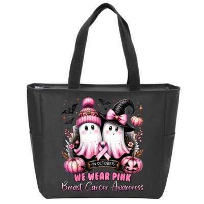 In October We Wear Ghost Witch Breast Cancer Awareness Zip Tote Bag