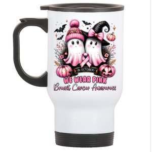 In October We Wear Ghost Witch Breast Cancer Awareness Stainless Steel Travel Mug