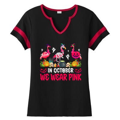 In October We Wear Pink Flamingos Breast Cancer Halloween Ladies Halftime Notch Neck Tee