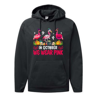 In October We Wear Pink Flamingos Breast Cancer Halloween Performance Fleece Hoodie