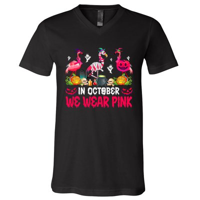 In October We Wear Pink Flamingos Breast Cancer Halloween V-Neck T-Shirt