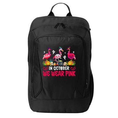 In October We Wear Pink Flamingos Breast Cancer Halloween City Backpack