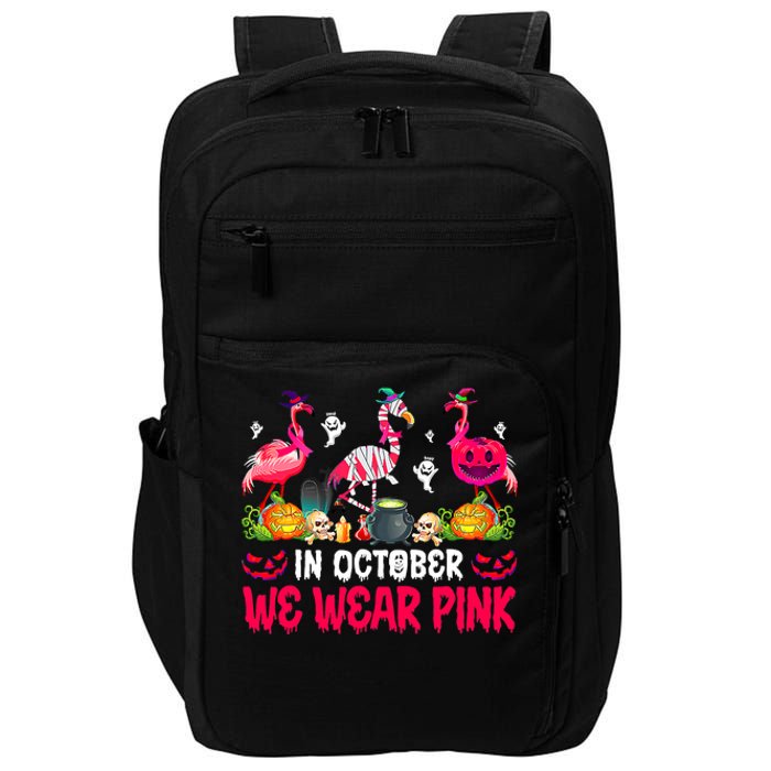 In October We Wear Pink Flamingos Breast Cancer Halloween Impact Tech Backpack