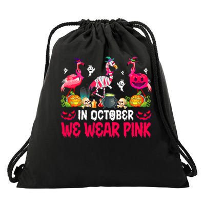 In October We Wear Pink Flamingos Breast Cancer Halloween Drawstring Bag