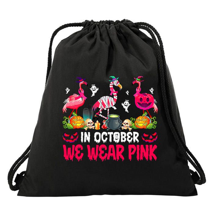 In October We Wear Pink Flamingos Breast Cancer Halloween Drawstring Bag