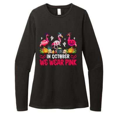 In October We Wear Pink Flamingos Breast Cancer Halloween Womens CVC Long Sleeve Shirt