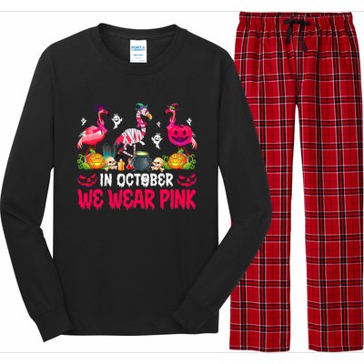 In October We Wear Pink Flamingos Breast Cancer Halloween Long Sleeve Pajama Set