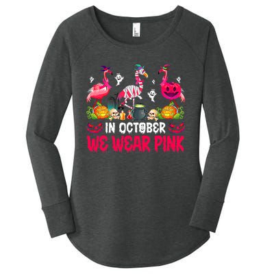 In October We Wear Pink Flamingos Breast Cancer Halloween Women's Perfect Tri Tunic Long Sleeve Shirt