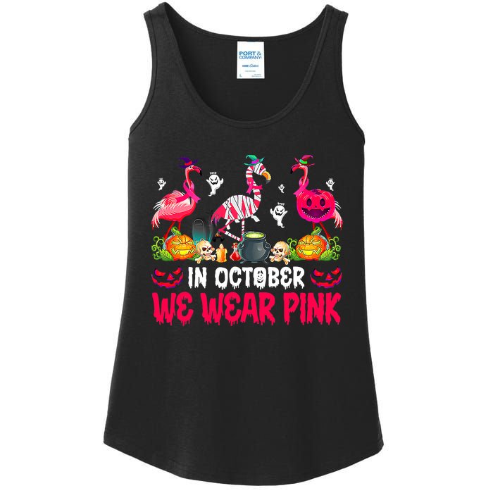 In October We Wear Pink Flamingos Breast Cancer Halloween Ladies Essential Tank