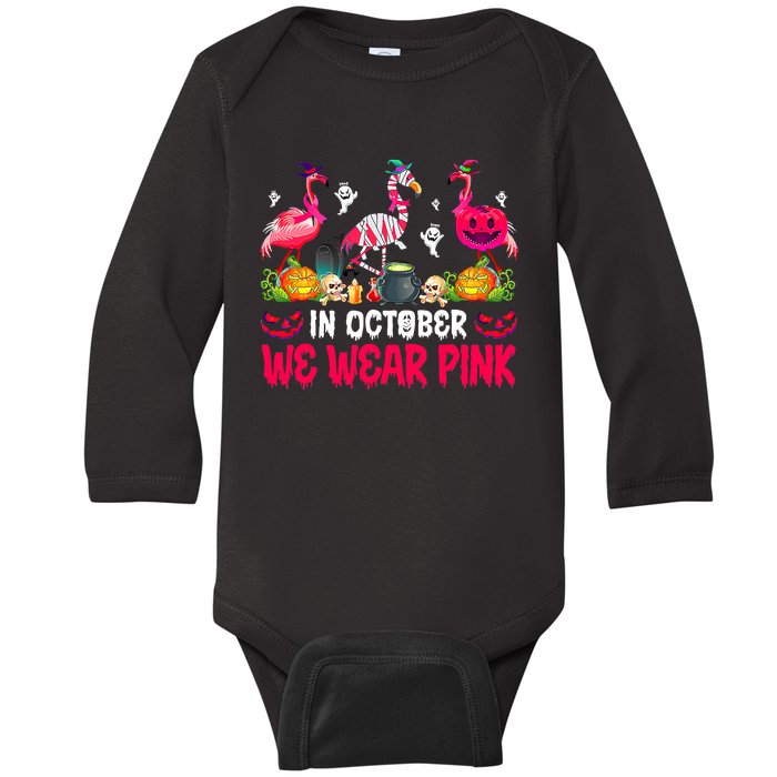 In October We Wear Pink Flamingos Breast Cancer Halloween Baby Long Sleeve Bodysuit