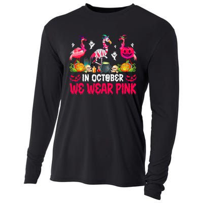 In October We Wear Pink Flamingos Breast Cancer Halloween Cooling Performance Long Sleeve Crew