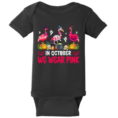 In October We Wear Pink Flamingos Breast Cancer Halloween Baby Bodysuit