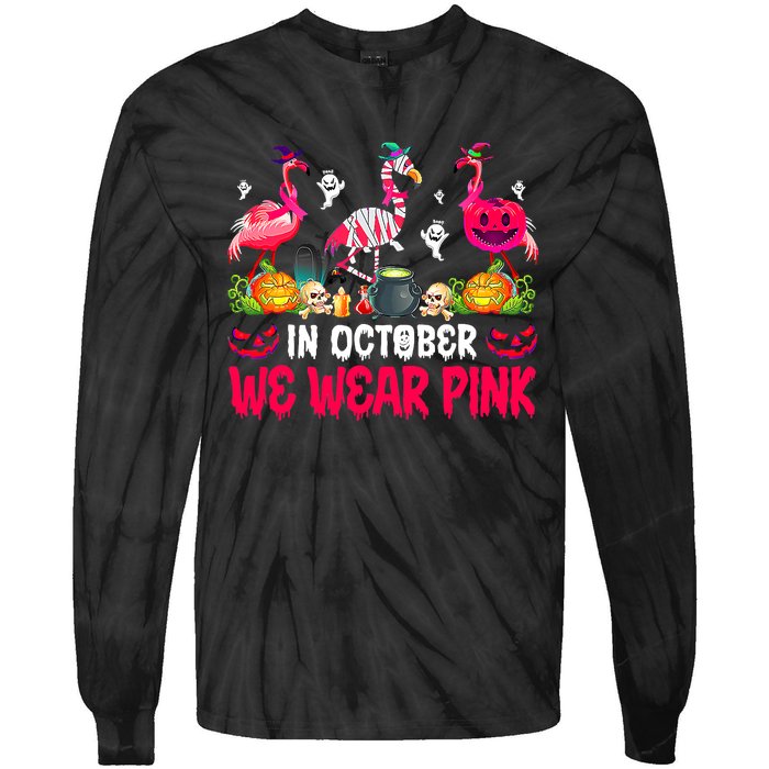 In October We Wear Pink Flamingos Breast Cancer Halloween Tie-Dye Long Sleeve Shirt