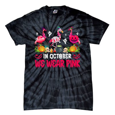 In October We Wear Pink Flamingos Breast Cancer Halloween Tie-Dye T-Shirt