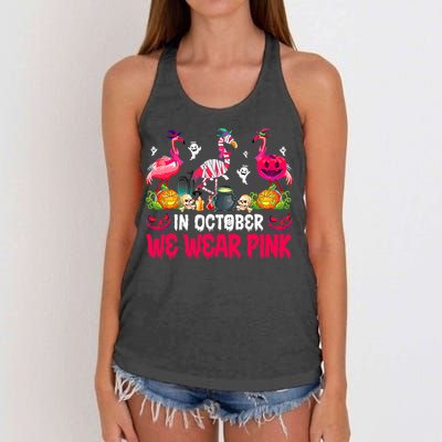 In October We Wear Pink Flamingos Breast Cancer Halloween Women's Knotted Racerback Tank