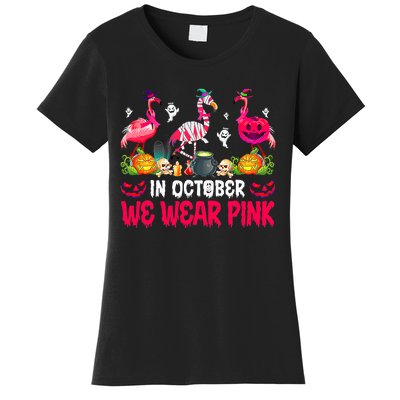 In October We Wear Pink Flamingos Breast Cancer Halloween Women's T-Shirt