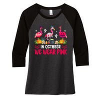 In October We Wear Pink Flamingos Breast Cancer Halloween Women's Tri-Blend 3/4-Sleeve Raglan Shirt