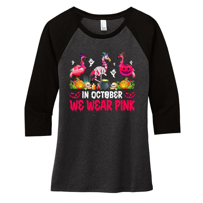 In October We Wear Pink Flamingos Breast Cancer Halloween Women's Tri-Blend 3/4-Sleeve Raglan Shirt