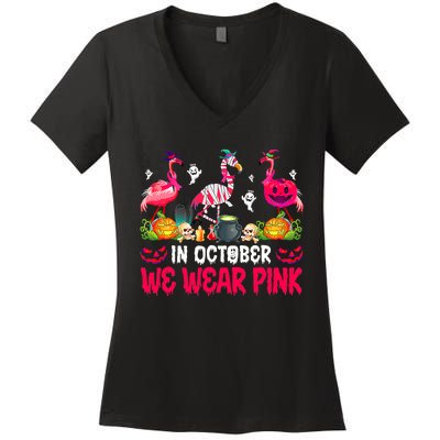 In October We Wear Pink Flamingos Breast Cancer Halloween Women's V-Neck T-Shirt