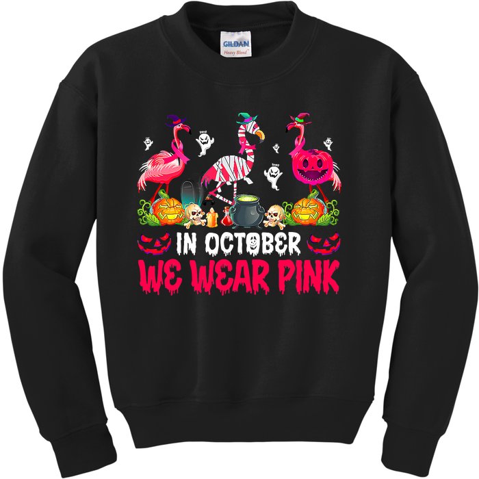 In October We Wear Pink Flamingos Breast Cancer Halloween Kids Sweatshirt