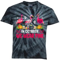 In October We Wear Pink Flamingos Breast Cancer Halloween Kids Tie-Dye T-Shirt