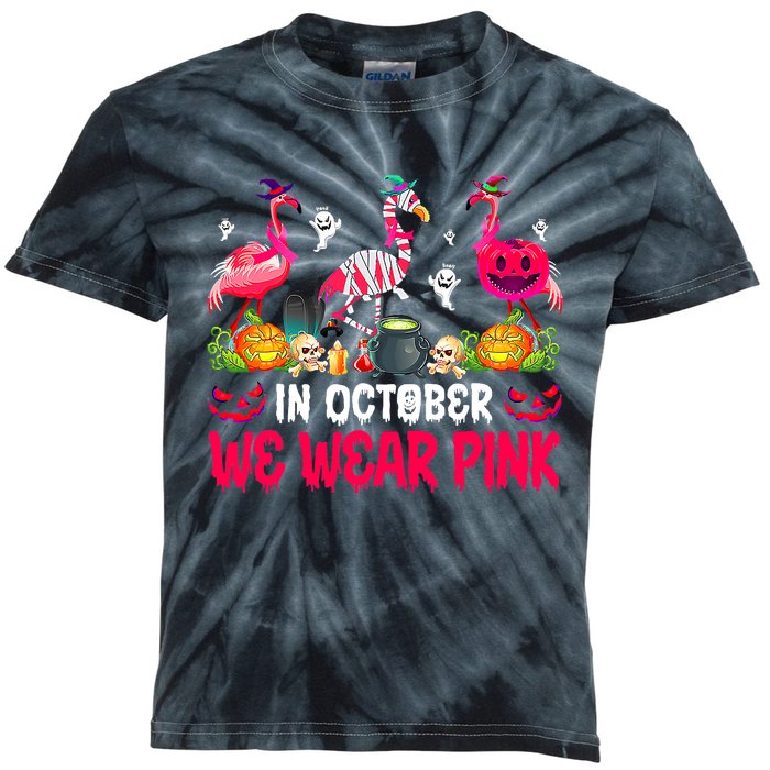 In October We Wear Pink Flamingos Breast Cancer Halloween Kids Tie-Dye T-Shirt