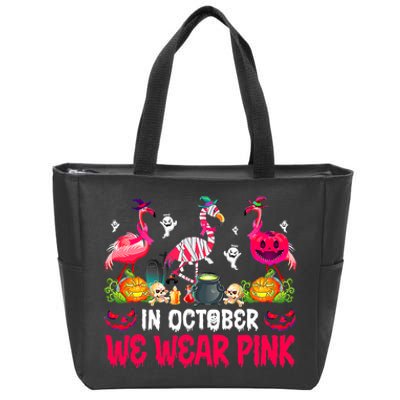 In October We Wear Pink Flamingos Breast Cancer Halloween Zip Tote Bag