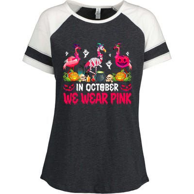 In October We Wear Pink Flamingos Breast Cancer Halloween Enza Ladies Jersey Colorblock Tee