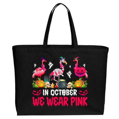 In October We Wear Pink Flamingos Breast Cancer Halloween Cotton Canvas Jumbo Tote