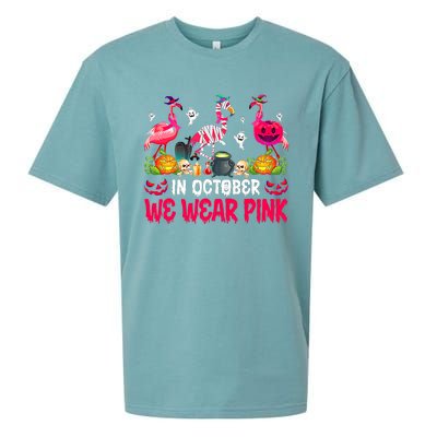 In October We Wear Pink Flamingos Breast Cancer Halloween Sueded Cloud Jersey T-Shirt