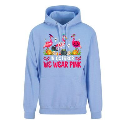 In October We Wear Pink Flamingos Breast Cancer Halloween Unisex Surf Hoodie