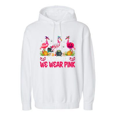 In October We Wear Pink Flamingos Breast Cancer Halloween Garment-Dyed Fleece Hoodie