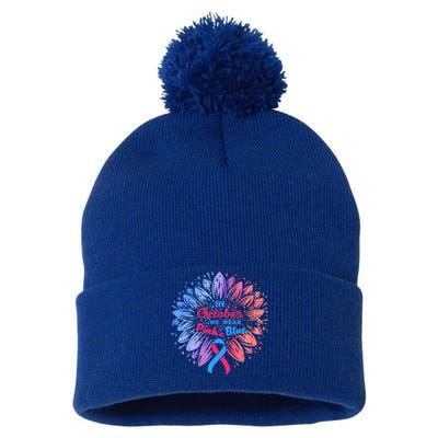 In October We Wear Pink And Blue Ribbon Support Breast Cancer Cute Gift Pom Pom 12in Knit Beanie