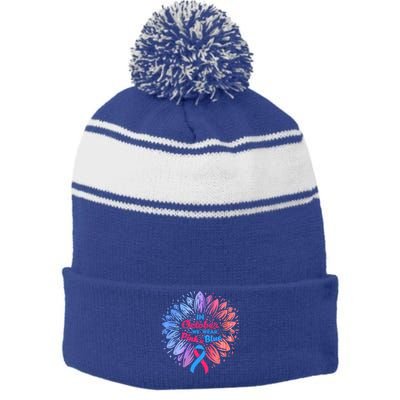 In October We Wear Pink And Blue Ribbon Support Breast Cancer Cute Gift Stripe Pom Pom Beanie