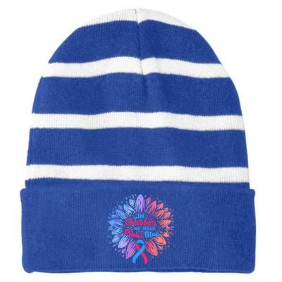 In October We Wear Pink And Blue Ribbon Support Breast Cancer Cute Gift Striped Beanie with Solid Band