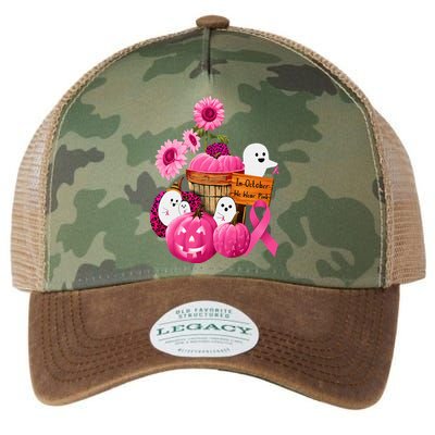 In October We Wear Pink Ghosts & Pumpkins For Breast Cancer Legacy Tie Dye Trucker Hat