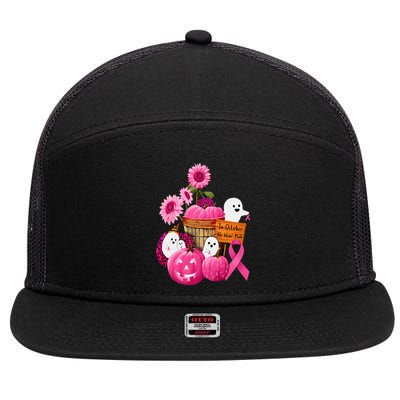 In October We Wear Pink Ghosts & Pumpkins For Breast Cancer 7 Panel Mesh Trucker Snapback Hat