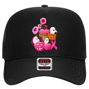 In October We Wear Pink Ghosts & Pumpkins For Breast Cancer High Crown Mesh Back Trucker Hat