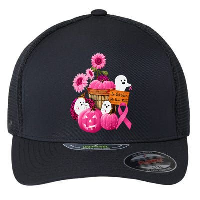 In October We Wear Pink Ghosts & Pumpkins For Breast Cancer Flexfit Unipanel Trucker Cap