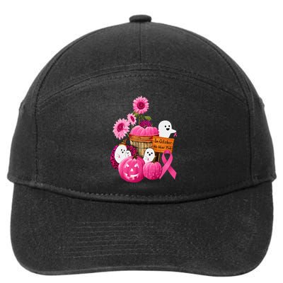 In October We Wear Pink Ghosts & Pumpkins For Breast Cancer 7-Panel Snapback Hat