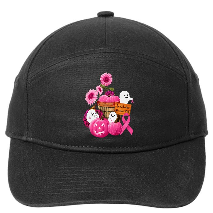 In October We Wear Pink Ghosts & Pumpkins For Breast Cancer 7-Panel Snapback Hat