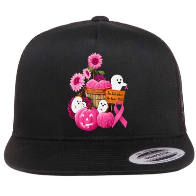 In October We Wear Pink Ghosts & Pumpkins For Breast Cancer Flat Bill Trucker Hat