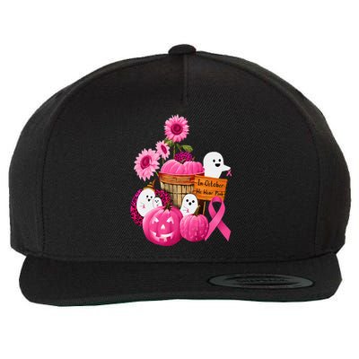 In October We Wear Pink Ghosts & Pumpkins For Breast Cancer Wool Snapback Cap