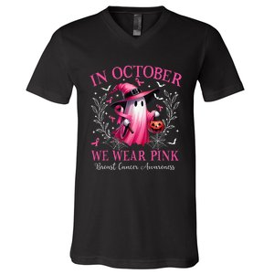 In October We Wear Ghost Witch Breast Cancer Awareness V-Neck T-Shirt