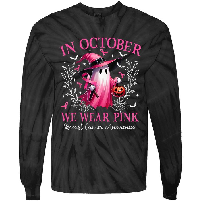 In October We Wear Ghost Witch Breast Cancer Awareness Tie-Dye Long Sleeve Shirt