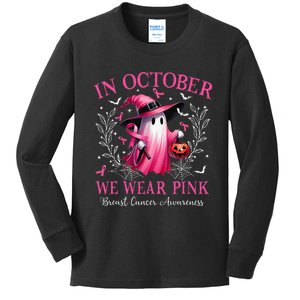 In October We Wear Ghost Witch Breast Cancer Awareness Kids Long Sleeve Shirt