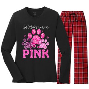 In October We Wear Pink Dog Cat Paw Breast Cancer Awareness Women's Long Sleeve Flannel Pajama Set 