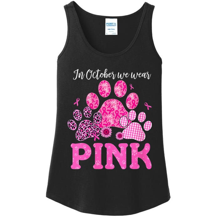 In October We Wear Pink Dog Cat Paw Breast Cancer Awareness Ladies Essential Tank