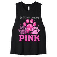 In October We Wear Pink Dog Cat Paw Breast Cancer Awareness Women's Racerback Cropped Tank