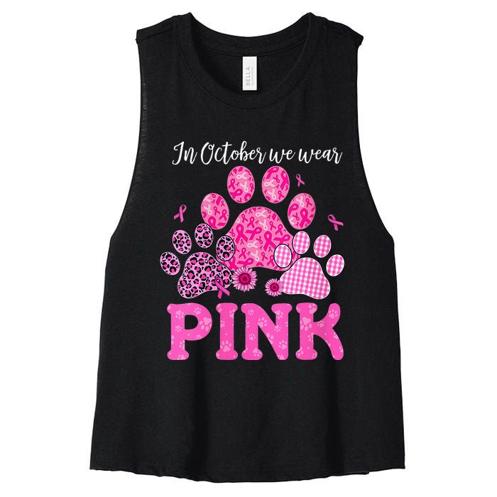 In October We Wear Pink Dog Cat Paw Breast Cancer Awareness Women's Racerback Cropped Tank